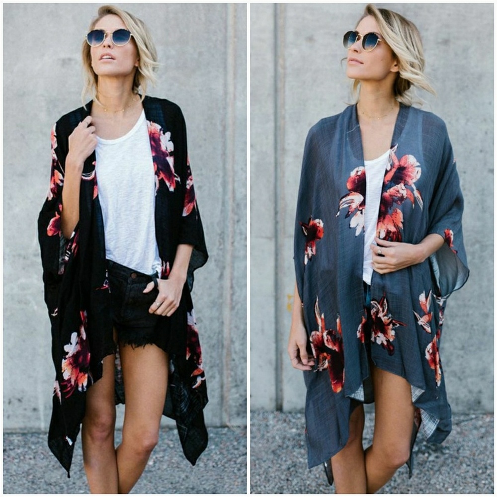 Floral Print Kimono Shawl-Cream - Picture 6 of 7